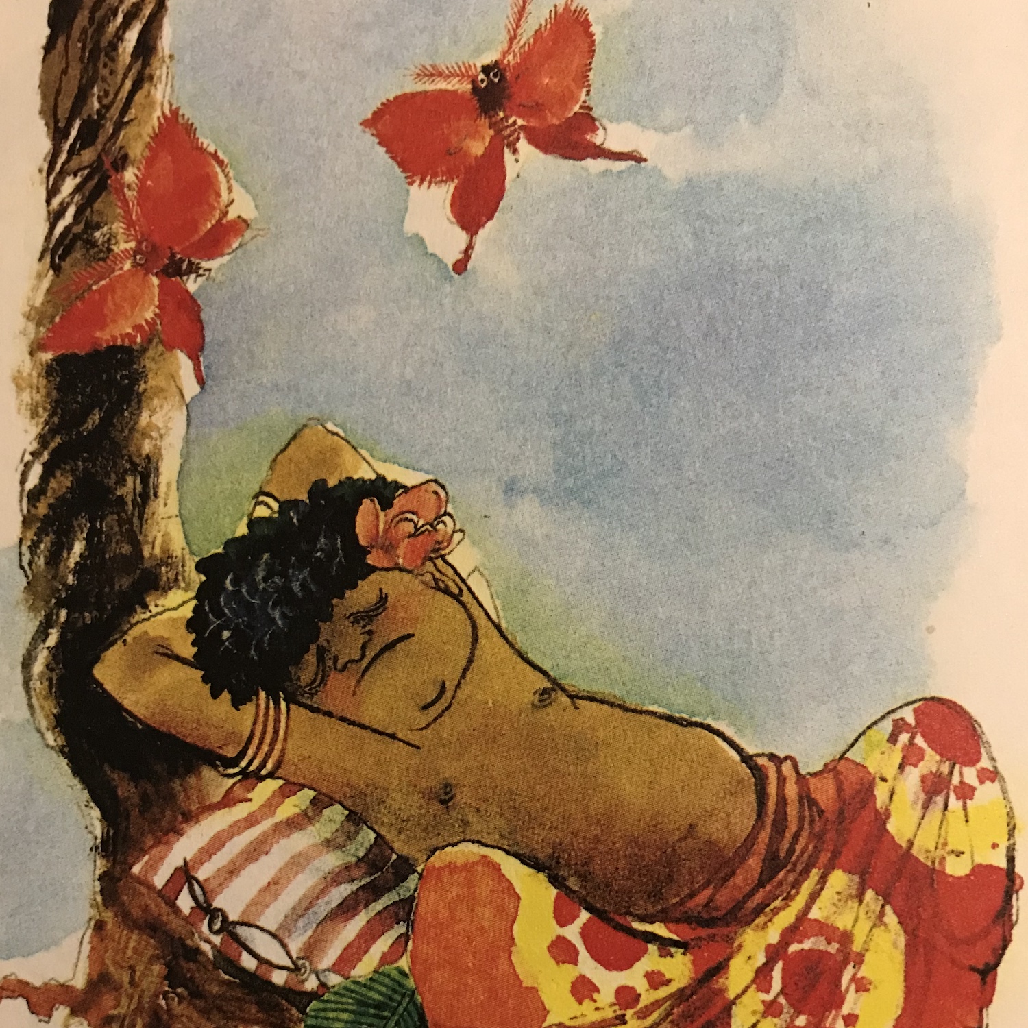 Zeichnung eines faul schlafenden Jungens unter einem Mandelbaum