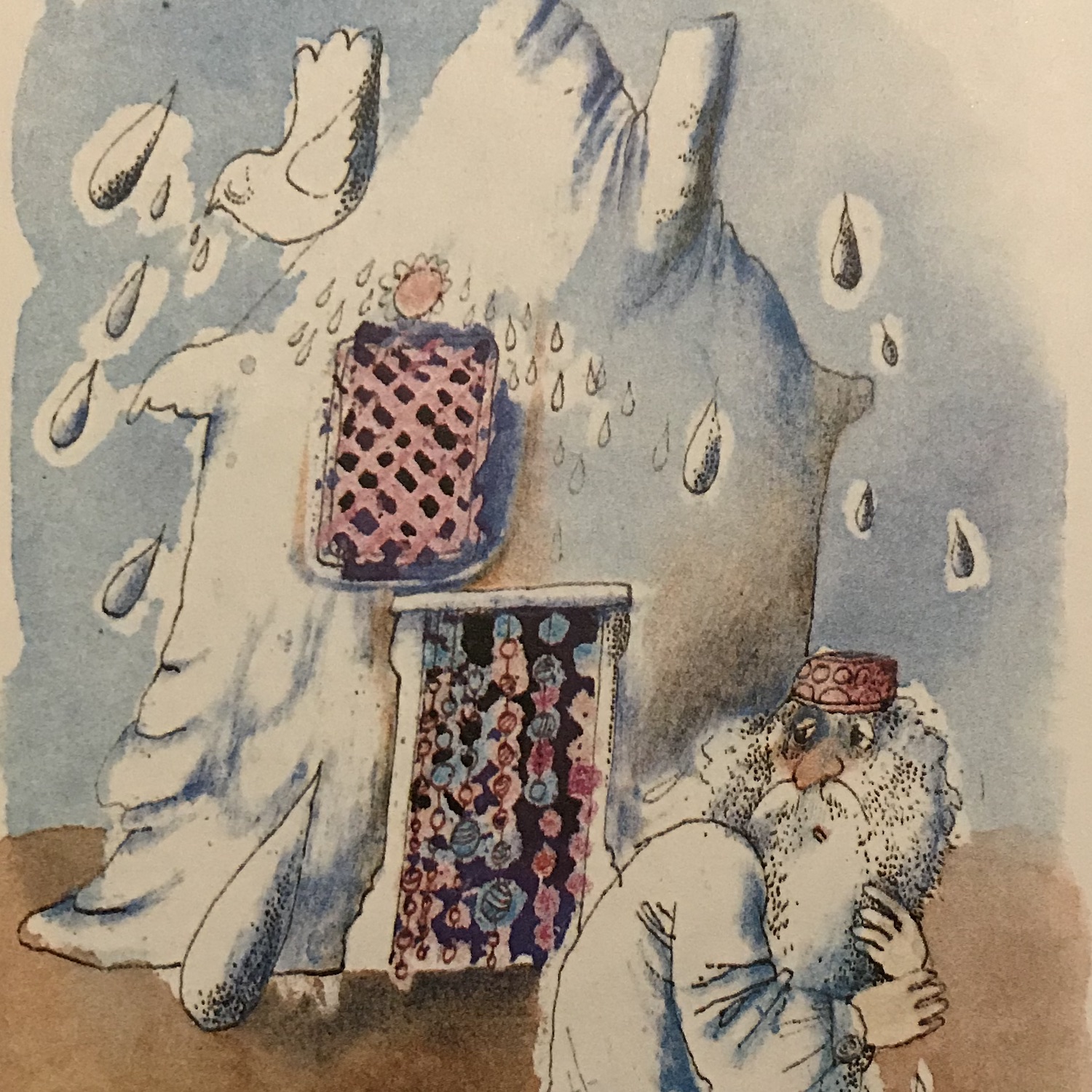Zeichnung eines zerfließenden Häuschens aus Salz, vor dem ein sorgenvoll blickender Mann steht