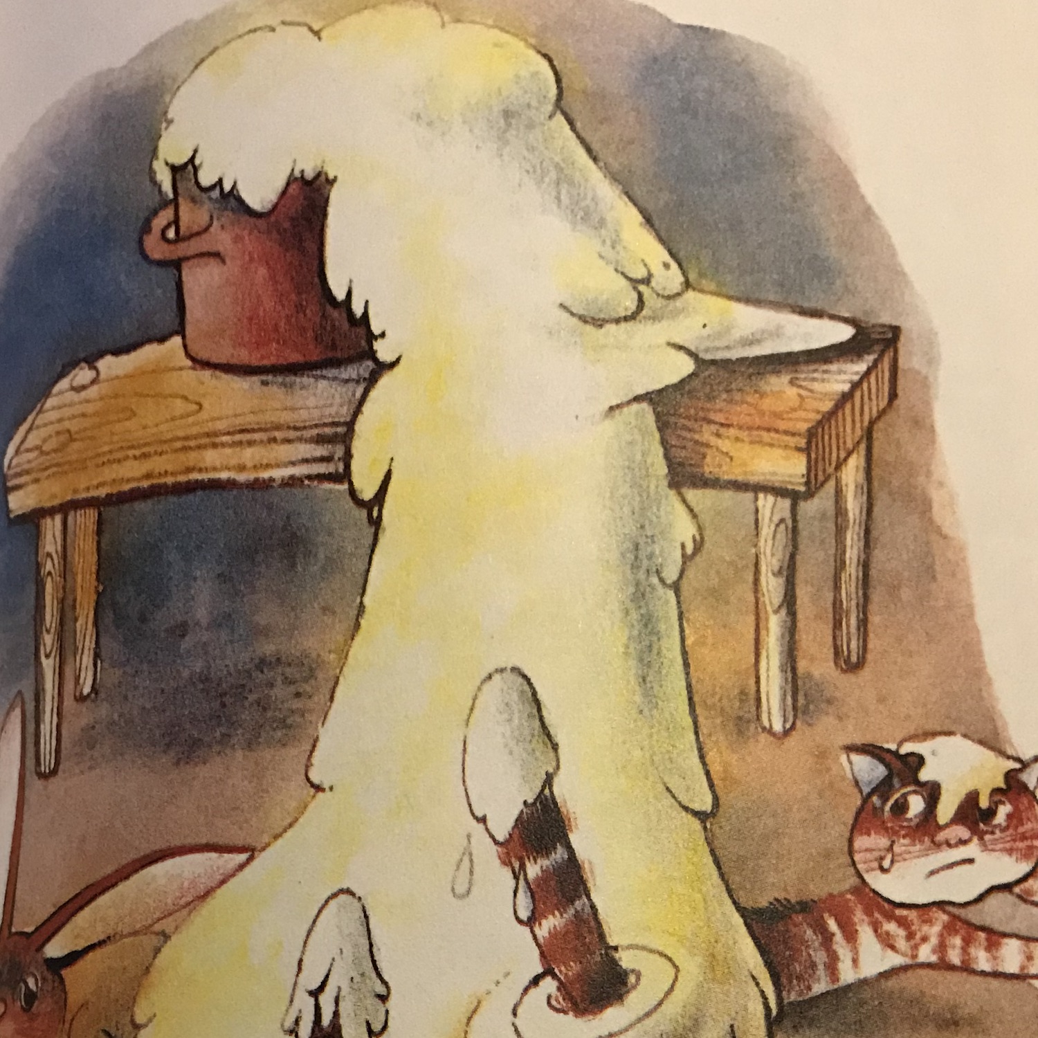 Zeichnung eines mit Brei überquillenden Topfes der auf einem Holztisch steht.  Der Brei ergießt sich auf den Boden und bedeckt zur Hälfte eine Katze, die zu fliehen versucht.