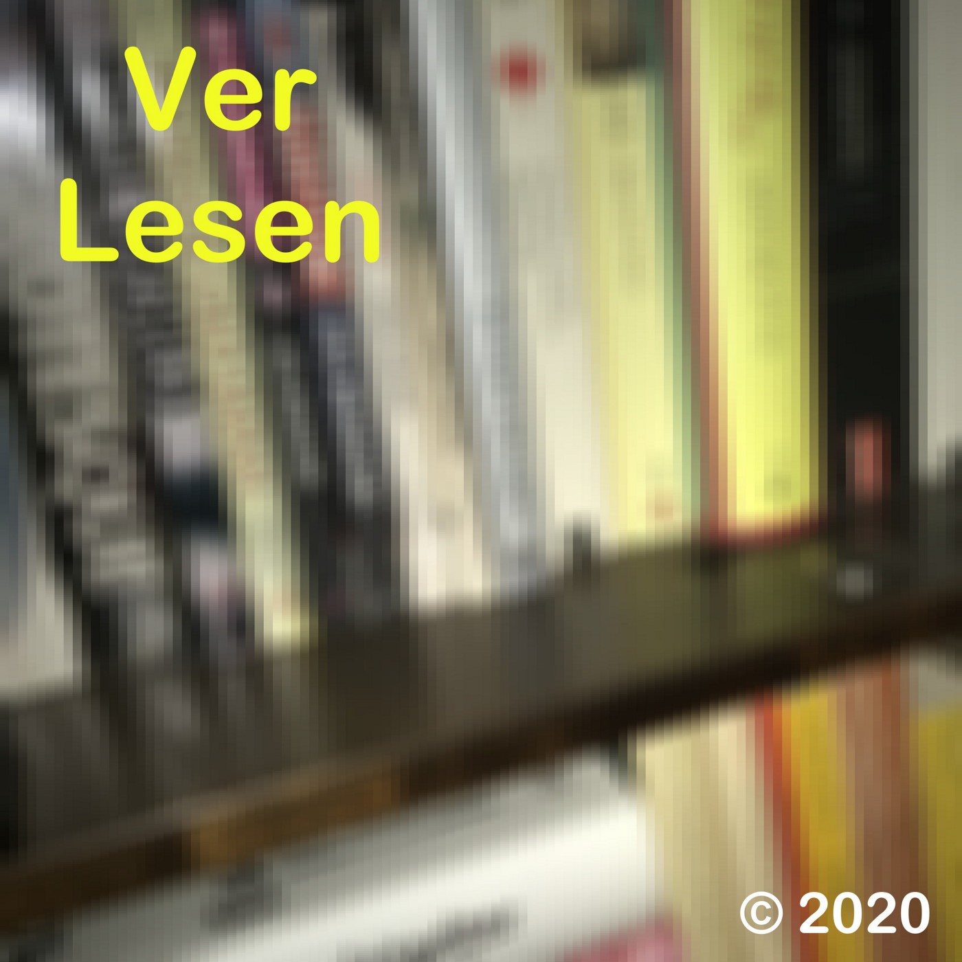 Verpixeltes Bücherregal als Hintergrund mit gelbem Text "Verlesen" als Logo
